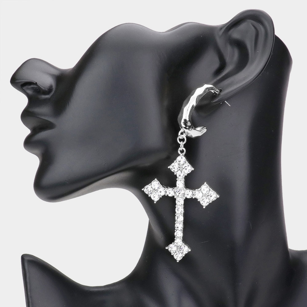 Crystal Silver Dangle Cross Earrings 3.7" Long Pointy Spike Drop Jewelry